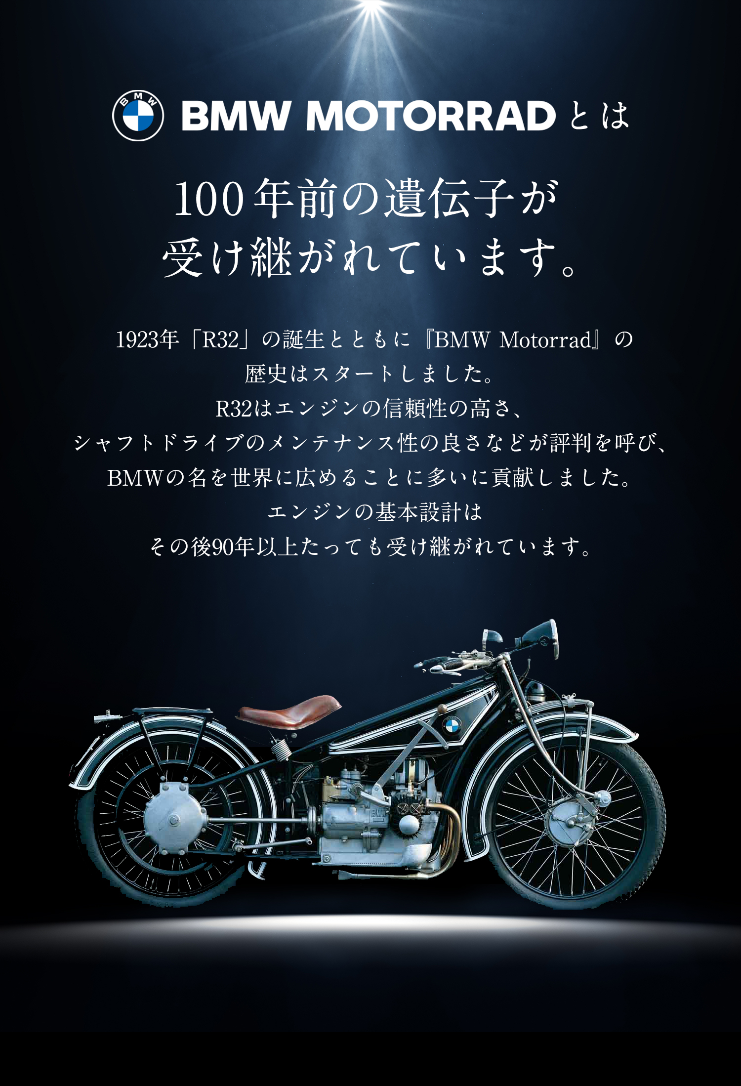 BMW MOTORRADとは　100年前の遺伝子が受け継がれています。1923年「R32」の誕生とともに『BMW Motorrad』の歴史はスタートしました。R32はエンジンの信頼性の高さ、シャフトドライブのメンテナンス性の良さなどが評判を呼び、BMWの名を世界に広めることに多いに貢献しました。エンジンの基本設計はその後90年以上たっても受け継がれています。