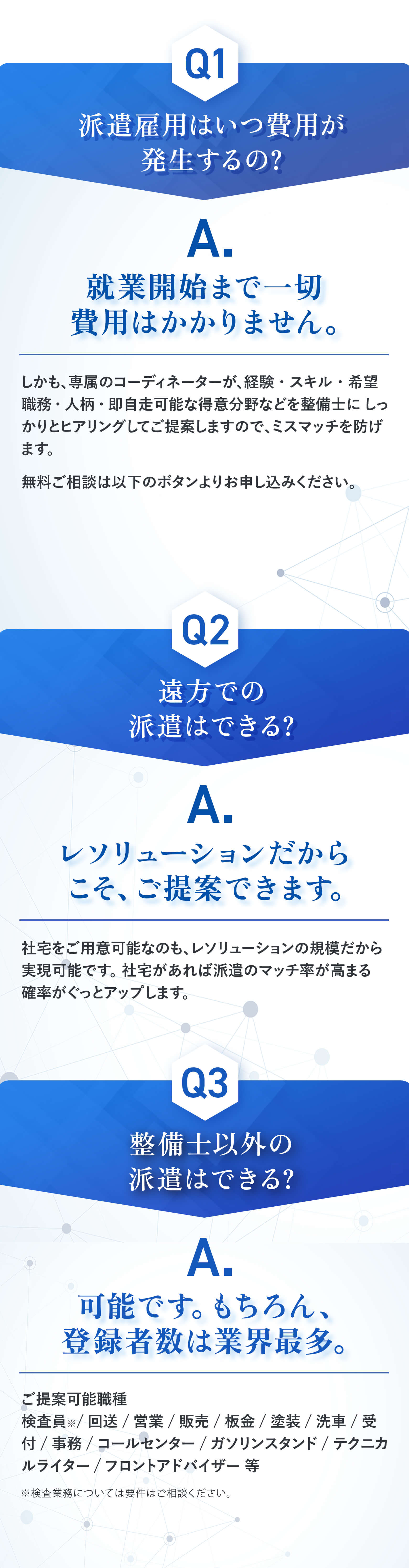派遣雇用はいつ費用が
発生するの?就業開始まで一切
費用はかかりません。しかも、専属のコーディネーターが、経験・スキル・希望職務・人柄・即自走可能な得意分野などを整備士に しっかりとヒアリングしてご提案しますので、ミスマッチを防げます。遠方での
派遣はできる?レソリューションだからこそ、ご提案できます。社宅をご用意可能なのも、レソリューションの規模だから実現可能です。 社宅があれば派遣のマッチ率が高まる
確率がぐっとアップします。 整備士以外の
派遣はできる?ご提案可能職種
検査員※/回送/営業/販売/板金/塗装/洗車/受付/事務/コールセンター/ガソリンスタンド/ テクニカルライター/フロントアドバイザー 等
